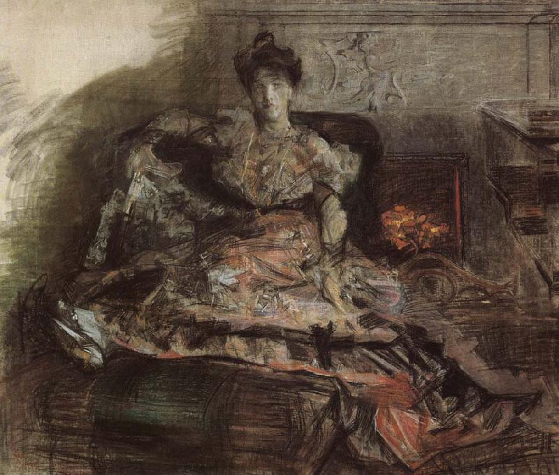 Mikhail Vrubel Arter the concert:nadezhda zabela-Vrubel by the fireplace wearing a dress designed by the artist France oil painting art